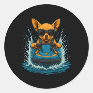 Adesivo Redondo Chihuahua Com Óculos De Sol Piloto De Jet Ski Anim