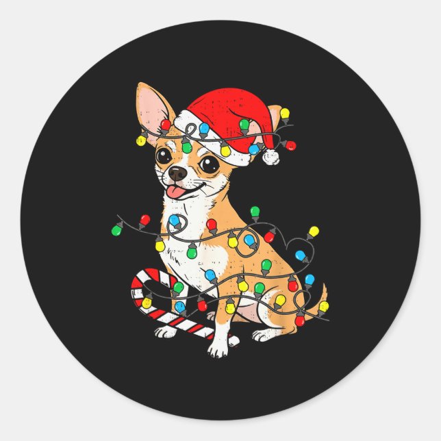 Adesivo Redondo Chihuahua Dog Christmas Lights Santa Xmas Pet Dog  (Frente)