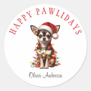 Adesivo Redondo Chihuahua Dog emaranhado em luzes de Natal