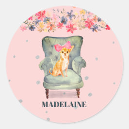 Adesivo Redondo Chihuahua Dog Prata Rosa Floral
