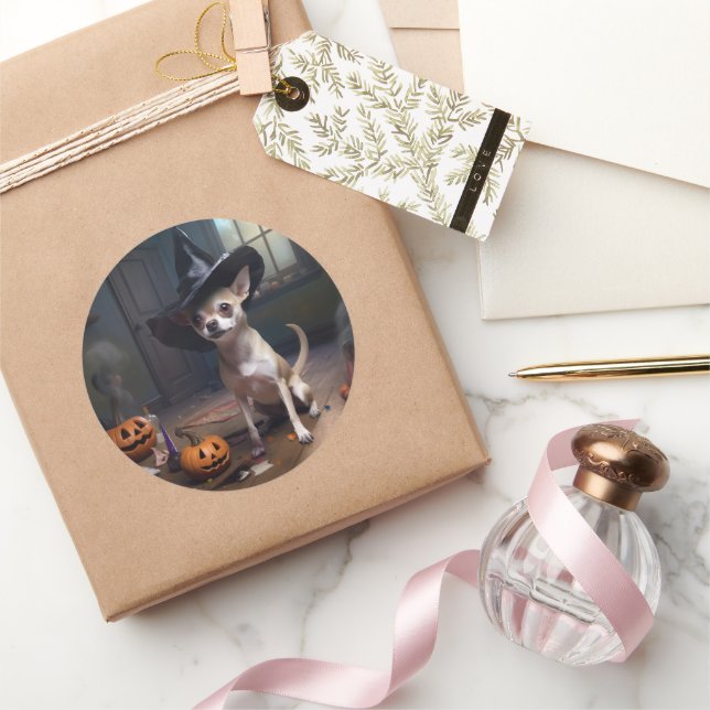 Adesivo Redondo Chihuahua Pumpkins Halloween Scary (Presentear)