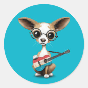 Adesivo Redondo Chihuahua Puppy Cachorro Jogando Bandeira no Luxem