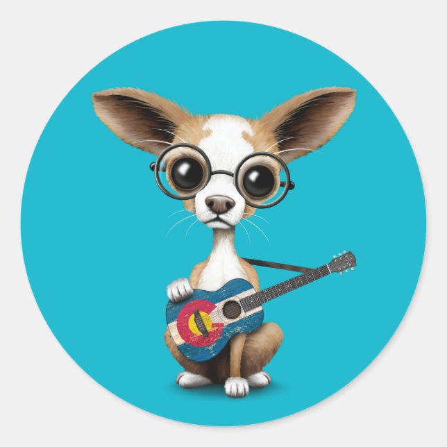 Adesivo Redondo Chihuahua Puppy Dog Playing Colorado Flag Guitar (Frente)
