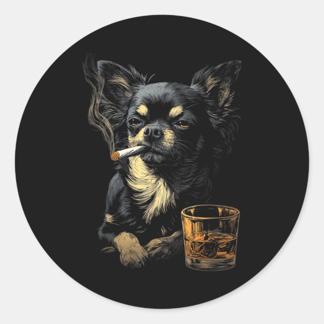 Adesivo Redondo Chihuahua Smoking Cigarette Whisky Lover Funny Dog (Frente)