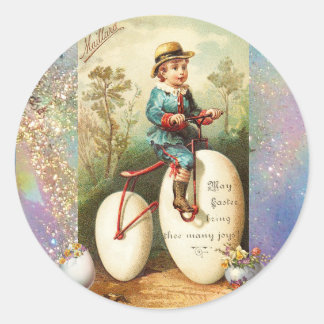 ADESIVO REDONDO CHILD WITH EASTER EGG BIKE AND COLORFUL FLOWERS