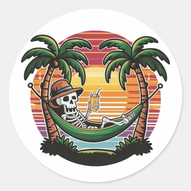 Adesivo Redondo Chill Skeleton Beach Sticker  (Frente)