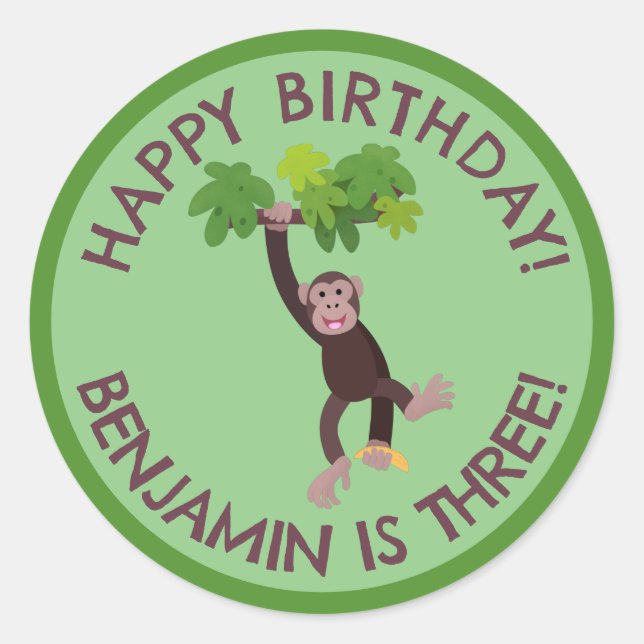 Adesivo Redondo Chimpanzé bonito no aniversário personalizado da s (Frente)