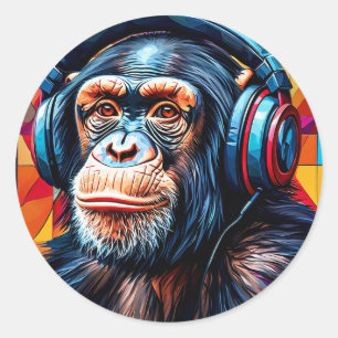 Adesivo Redondo Chimpanzé usando fones de ouvido