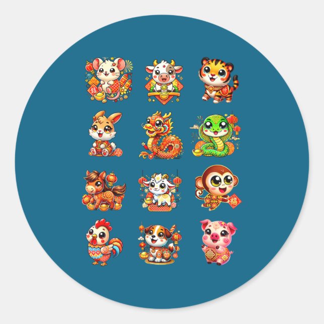 Adesivo Redondo Chinese New Year Cute 12 Zodiac Animal Signs Lunar (Frente)
