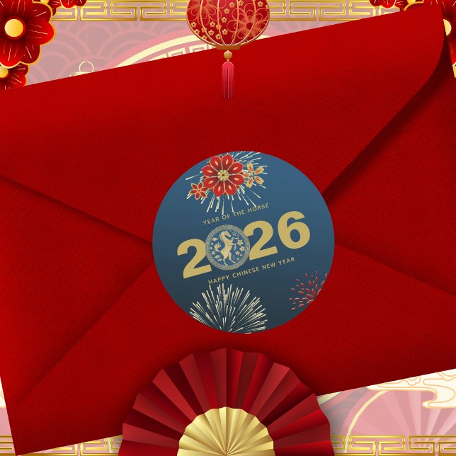 Adesivo Redondo Chinese New Year of the Horse Blue Gold (Criador carregado)