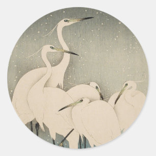 Adesivo Redondo Chinoiserie Garça Branca Padrão de Neve de Inverno
