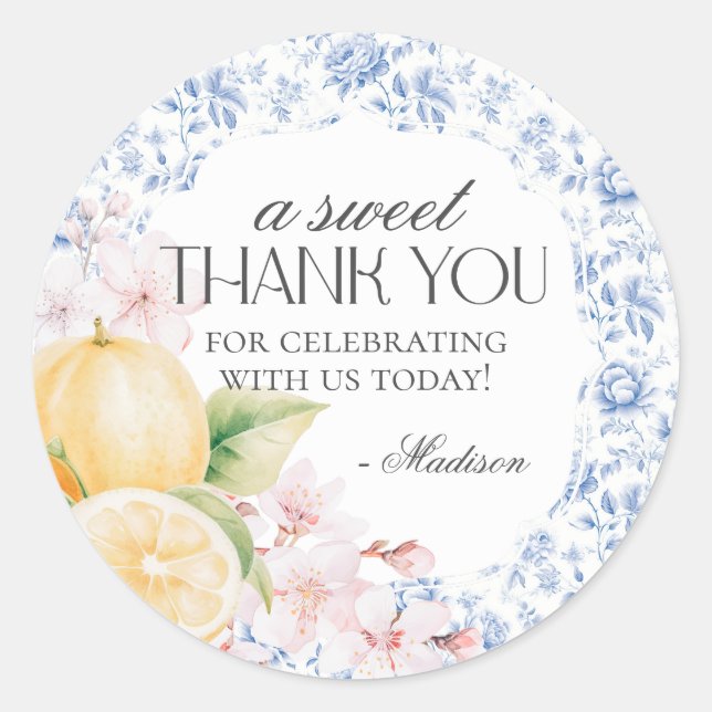 Adesivo Redondo Chinoiserie Lemon Tea Party Floral Favor Sticker (Frente)