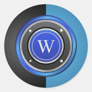 Adesivo Redondo Chip de pôquer preto e azul com monograma personal