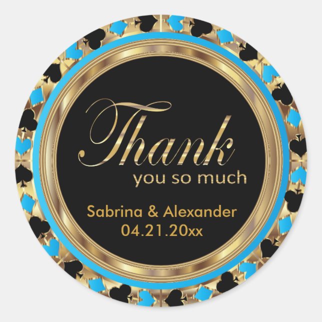 Adesivo Redondo Chip Poker Casado em Azul e Dourado | Obrigado (Frente)