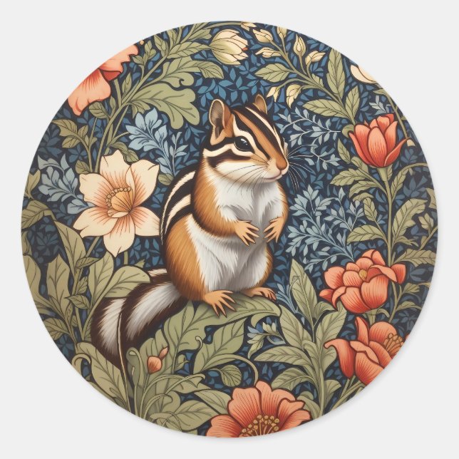 Adesivo Redondo Chipmunk Bonito William Morris Inspirou Floral (Frente)