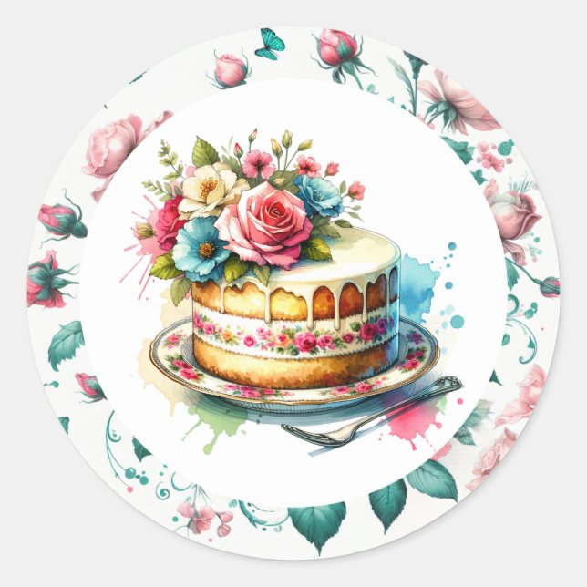 Adesivo Redondo Chique Floral Birthday Cake (Frente)