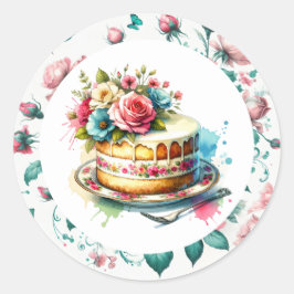 Adesivo Redondo Chique Floral Birthday Cake