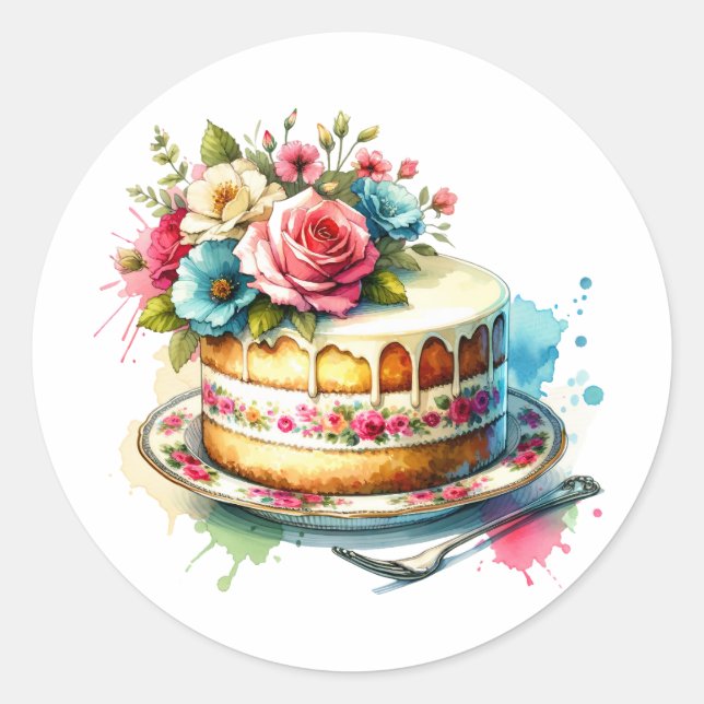 Adesivo Redondo Chique Floral Birthday Cake (Frente)