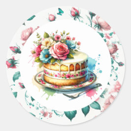 Adesivo Redondo Chique Floral Birthday Cake