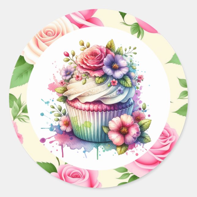 Adesivo Redondo Chique Floral Birthday Cupcake (Frente)