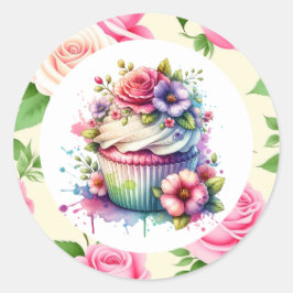 Adesivo Redondo Chique Floral Birthday Cupcake