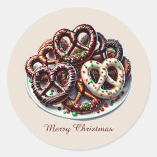 Adesivo Redondo Chocolate feliz de Natal coberto de pretzels
