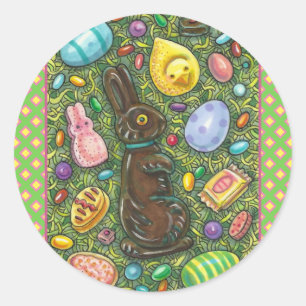 ADESIVO REDONDO CHOCOLATE LESTE BUNNY, PINTINHO, OVOS, JELLY BEANS