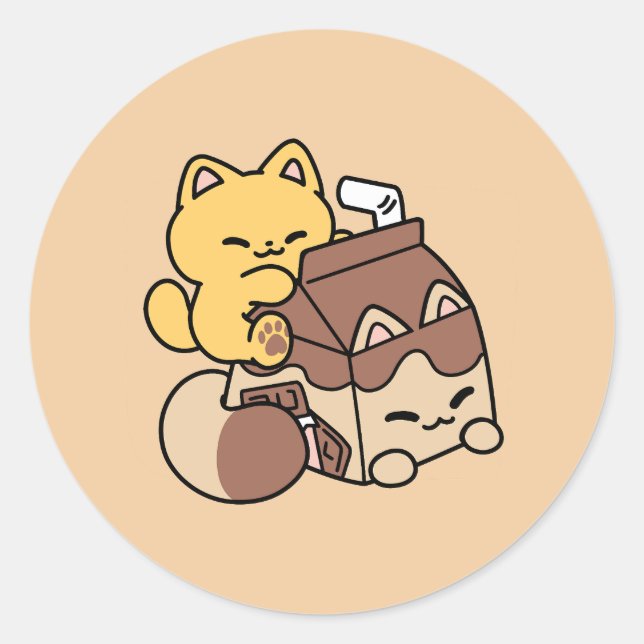 Adesivo Redondo Chocolate Milk Sipping on Bliss – Kawaii Cat Food  (Frente)
