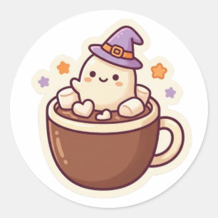 Adesivo Redondo Chocolate Quente Fantasminha Fofo Halloween Sticke