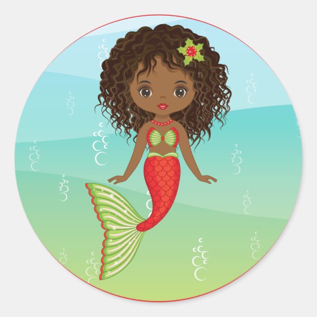 Adesivo Redondo Christams African American Mermaid Round Sticker (Frente)