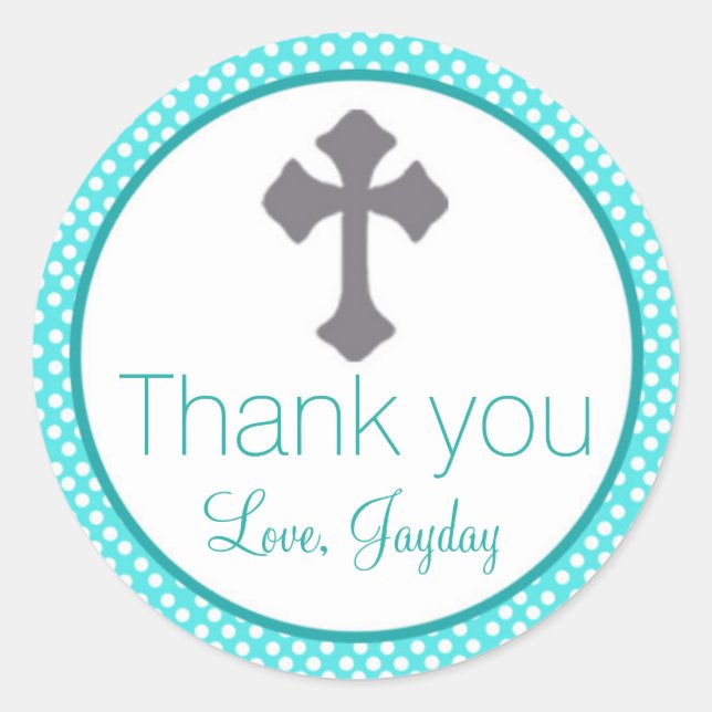 Adesivo Redondo Christening Turquoise Label Cross Baptism Favor (Frente)