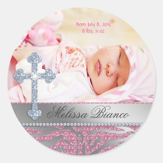 Adesivo Redondo Christian Baptism Cross Baby Girl Zebra (Frente)