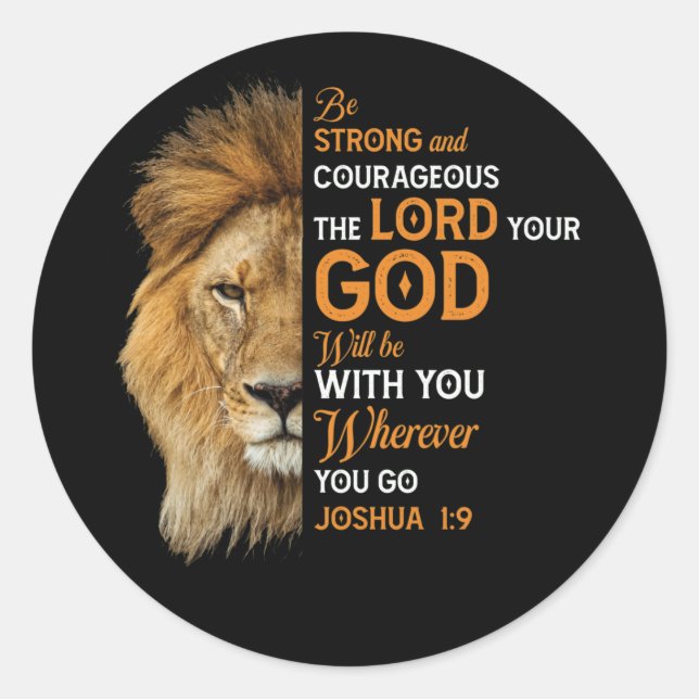 Adesivo Redondo Christian Bible Verse Joshua 1 9 Lion Faith (Frente)