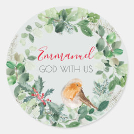Adesivo Redondo Christian Watercolor Wreath God With Us Sticker