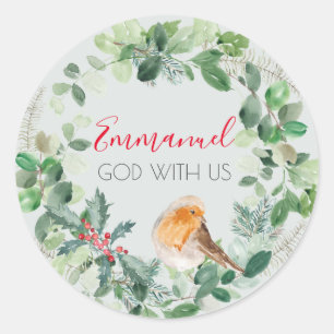 Adesivo Redondo Christian Watercolor Wreath God With Us Sticker