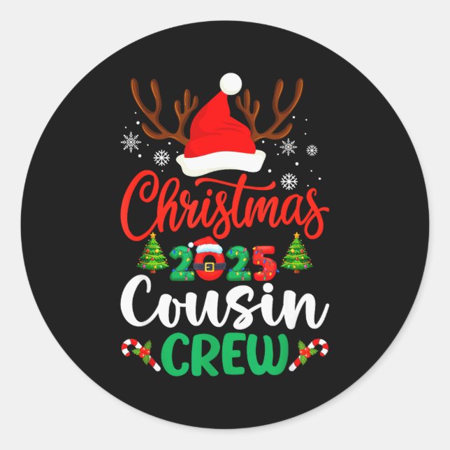 Adesivo Redondo Christmas 2025 Cousin Crew Pajamas Xmas Lights Fam (Frente)