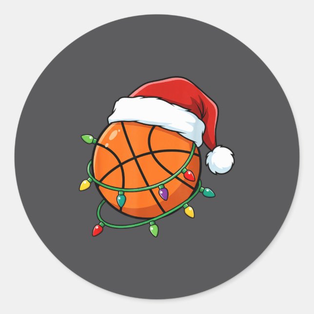 Adesivo Redondo Christmas Basketball Santa Hat Wrapped In Lights H (Frente)