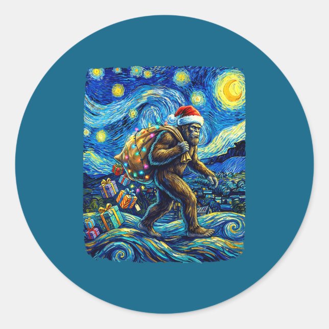 Adesivo Redondo Christmas Bigfoot Santa Hat Van Gogh Starry Night  (Frente)