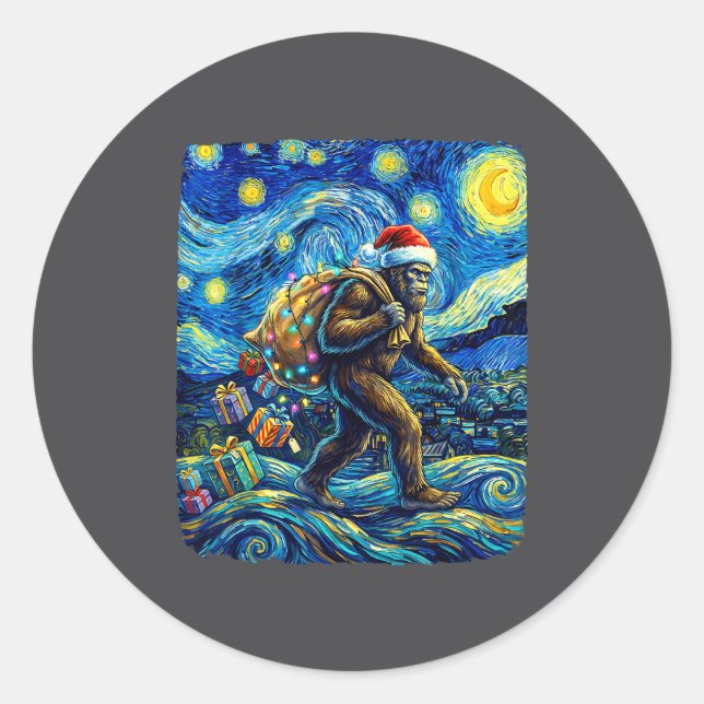 Adesivo Redondo Christmas Bigfoot Santa Hat Van Gogh Starry Night  (Frente)