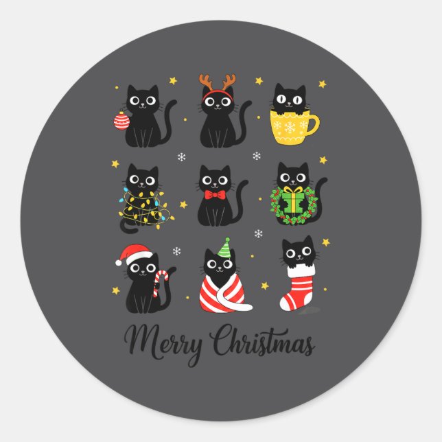 Adesivo Redondo Christmas Black Cats Merry Christmas Cute Holiday  (Frente)
