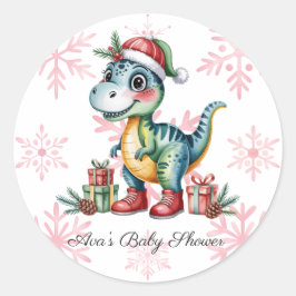 Adesivo Redondo Christmas Blue Dino and Presents Boy Baby Shower
