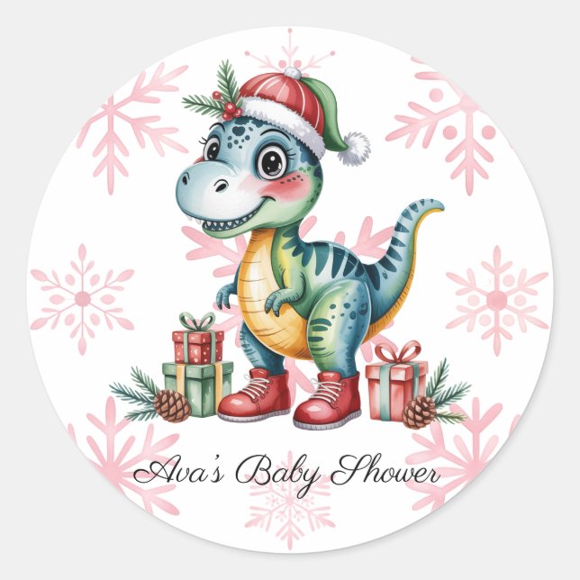Adesivo Redondo Christmas Blue Dino and Presents Boy Baby Shower (Frente)
