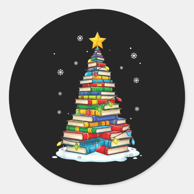 Adesivo Redondo Christmas Book Tree Funny Librarians Books Lover  (Frente)