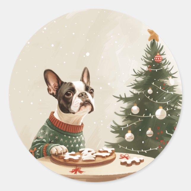 Adesivo Redondo Christmas Boston Terrier Dog (Frente)