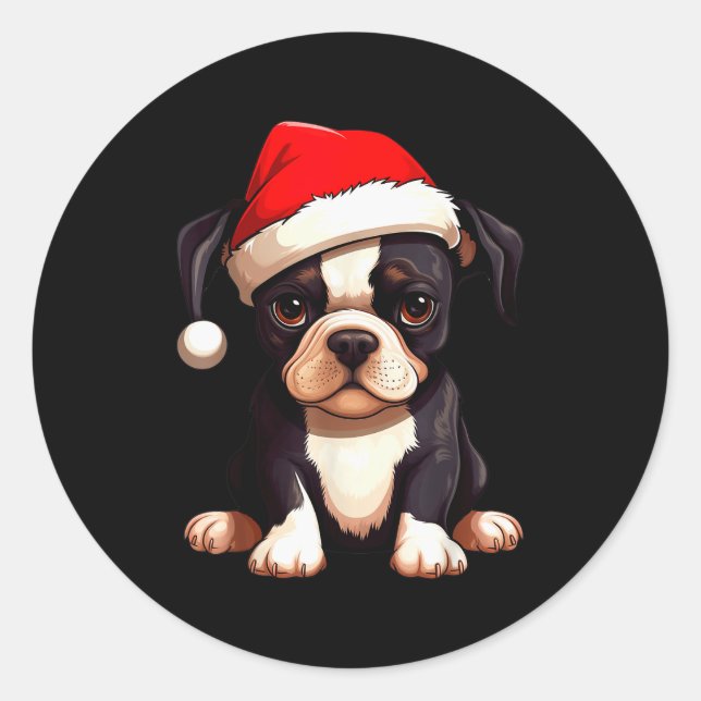 Adesivo Redondo Christmas Boston Terrier Dog Santa Hat Funny Xmas  (Frente)