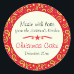 Adesivo Redondo Christmas cake paisley red food label sticker<br><div class="desc">Food label perfect for labelling Christmas goodies or to remind you of Christmas cake dates. Also perfect for Christmas gifts, cookie exchange parties or for selling your homemade products at farmer's market's and craft fairs around thanksgiving and Christmas time. Use these stickers to seal your Christmas gifts or for a...</div>
