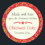 Adesivo Redondo Christmas cake paisley red food label sticker<br><div class="desc">Food label perfect for labelling Christmas goodies or to remind you of Christmas cake dates. Also perfect for Christmas gifts, cookie exchange parties or for selling your homemade products at farmer's market's and craft fairs around thanksgiving and Christmas time. Use these stickers to seal your Christmas gifts or for a...</div>