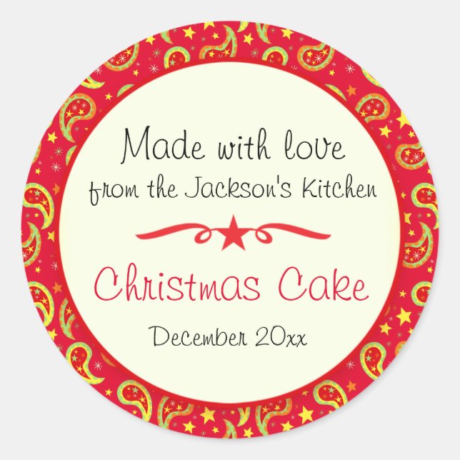Adesivo Redondo Christmas cake paisley red food label sticker (Frente)