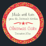 Adesivo Redondo Christmas cake paisley red food label sticker<br><div class="desc">Food label perfect for labelling Christmas goodies or to remind you of Christmas cake dates. Also perfect for Christmas gifts, cookie exchange parties or for selling your homemade products at farmer's market's and craft fairs around thanksgiving and Christmas time. Use these stickers to seal your Christmas gifts or for a...</div>