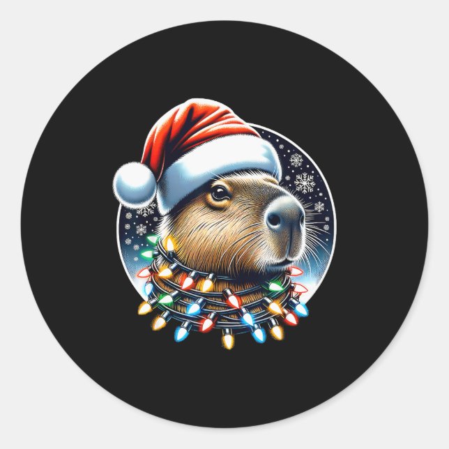 Adesivo Redondo Christmas Capybara Santa Hat Xmas Lights Men Women (Frente)